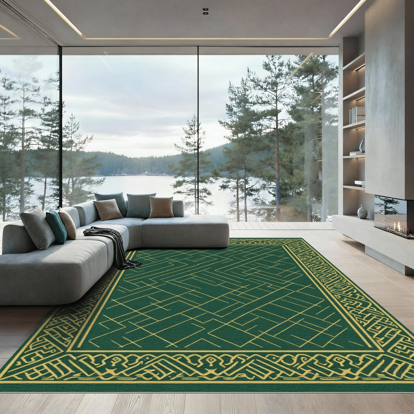 Emerald Gold Geometric Border Abstract Rug