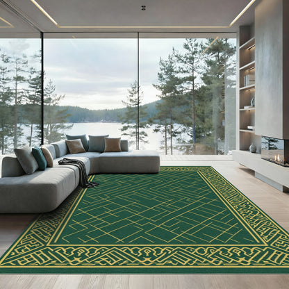 Emerald Gold Geometric Border Abstract Rug