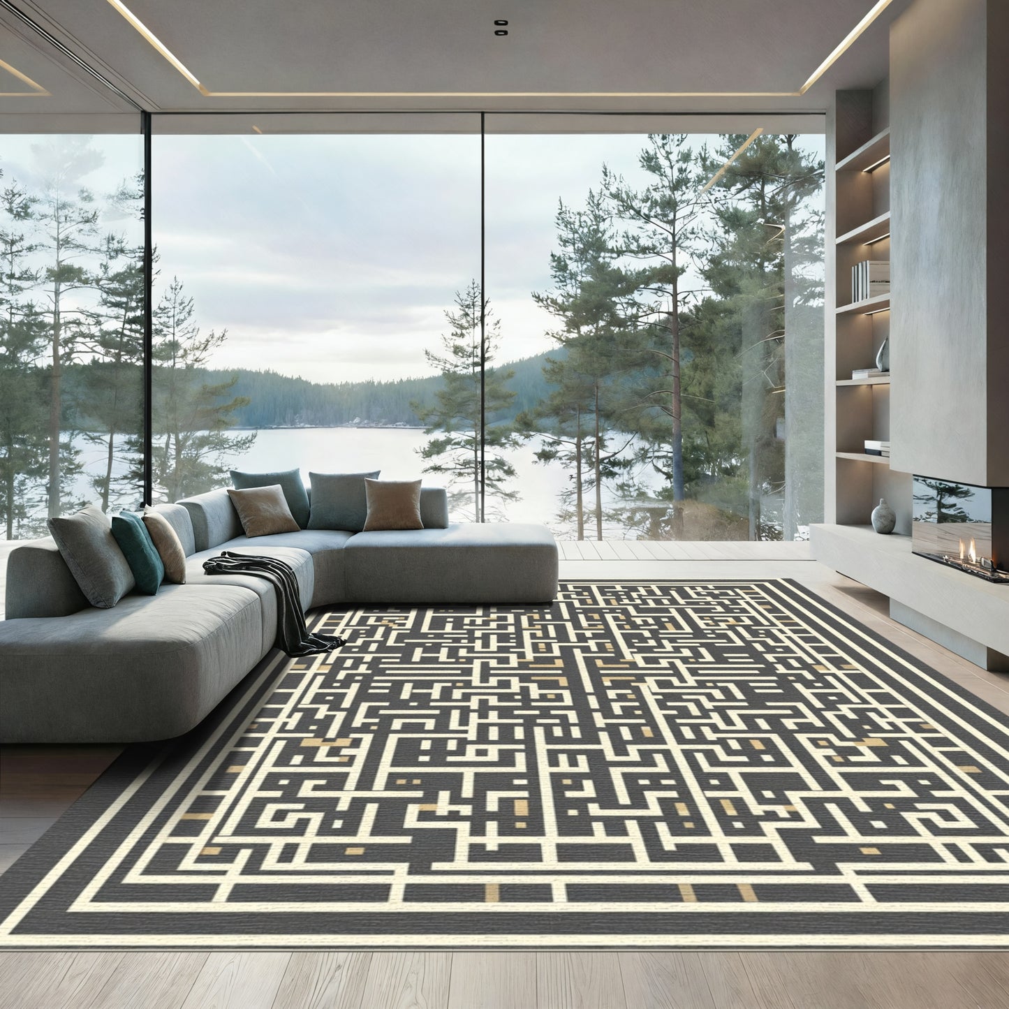 Dark Gray Labyrinth Geometric Maze Rug
