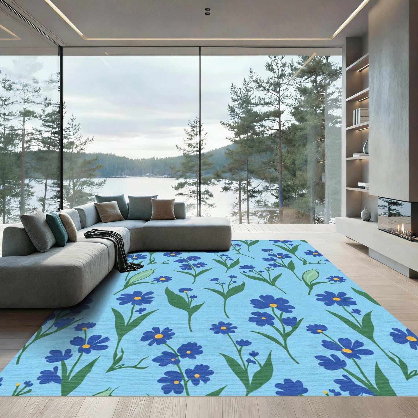 Blue Forget Me Not Floral Garden Rug