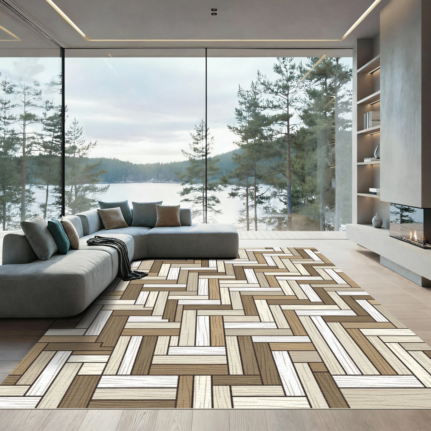 Neutral Tones Herringbone Parallel Wood Plank Rug