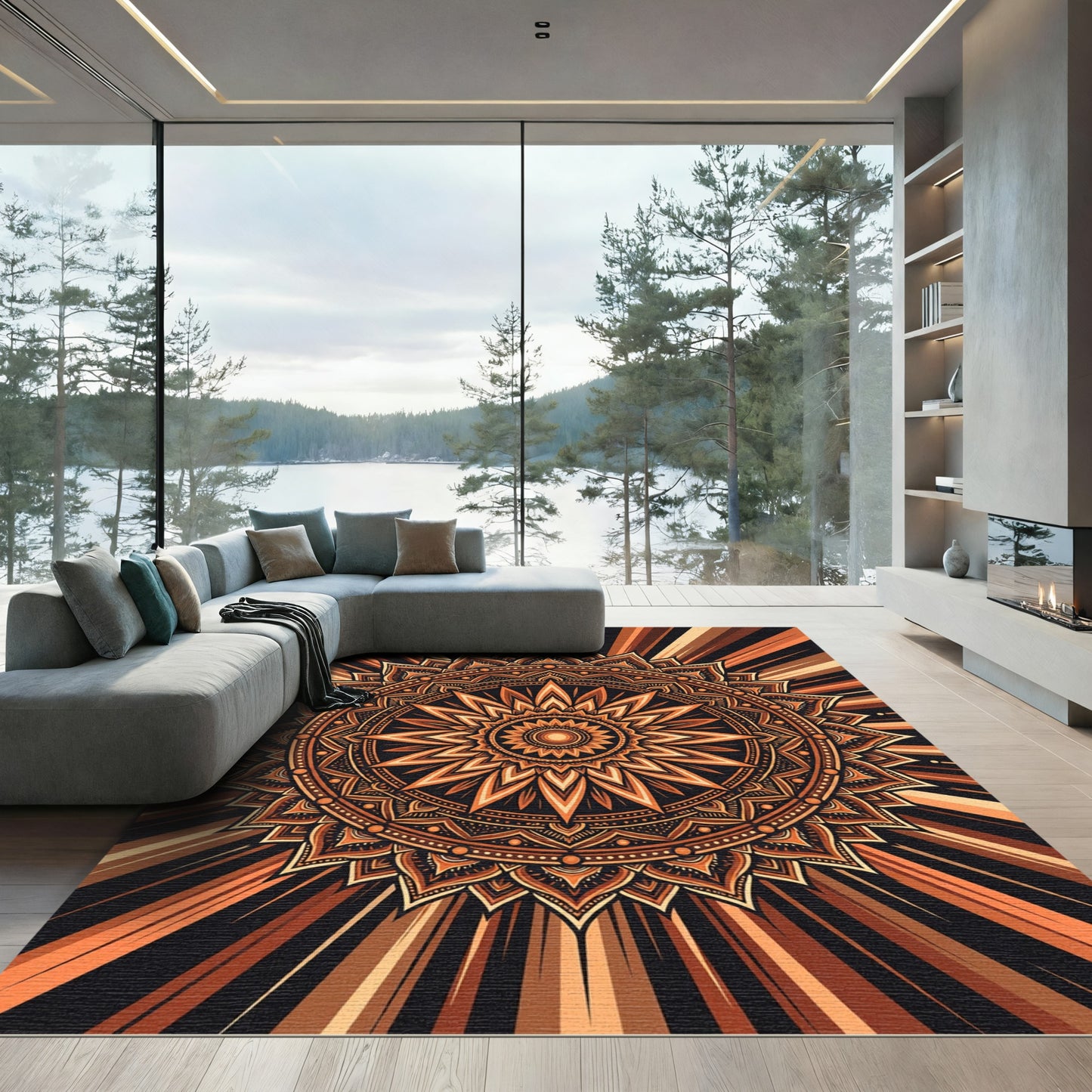 Golden Sunburst Radial Mandala Glow Rug