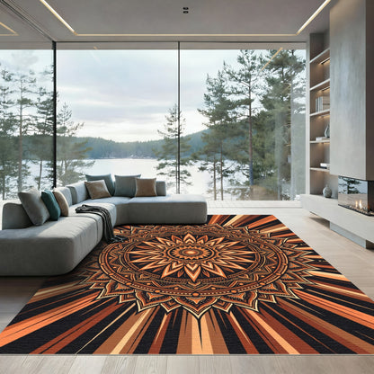 Golden Sunburst Radial Mandala Glow Rug