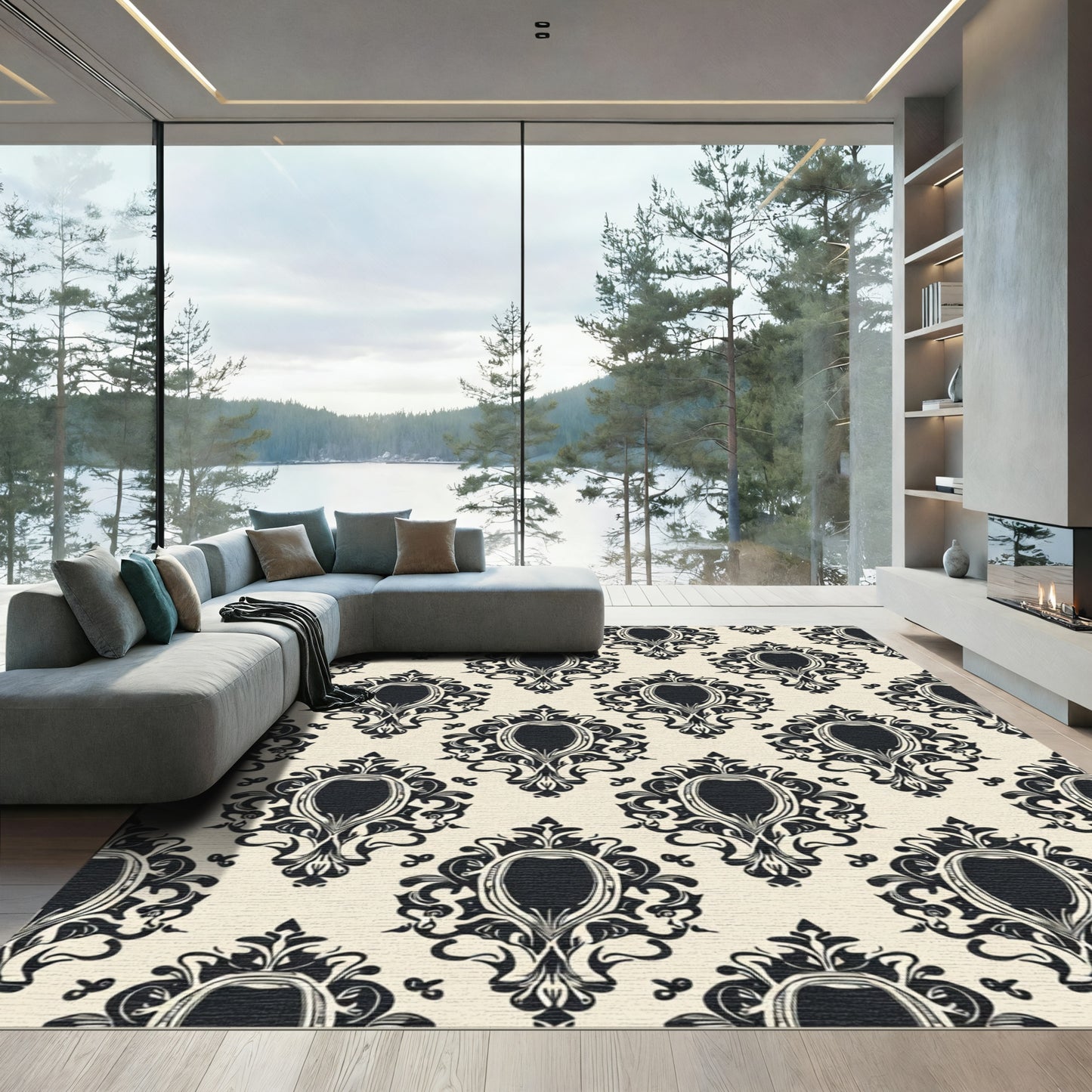 Ornate Black Damask Oval Cream Rug