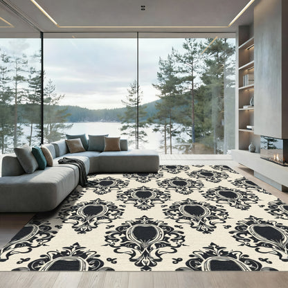 Ornate Black Damask Oval Cream Rug