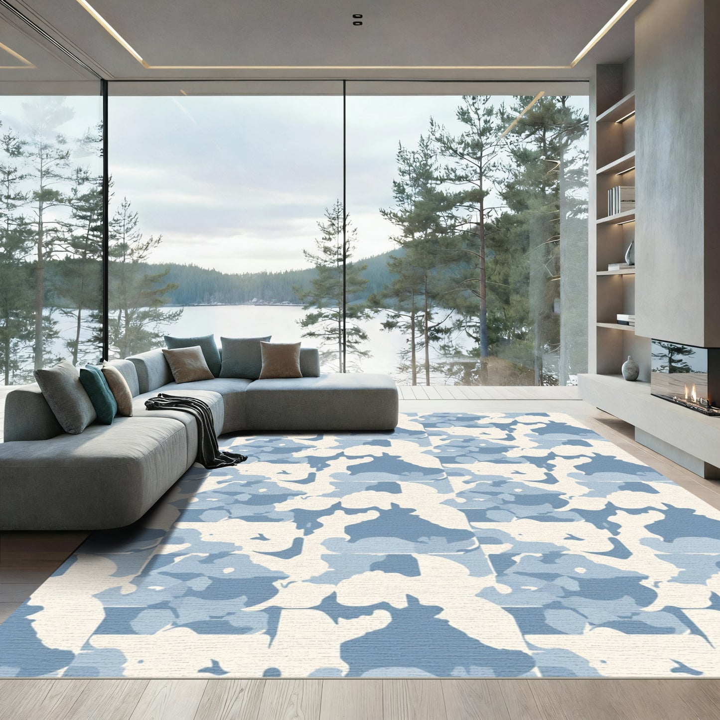 Blue Abstract Camouflage Squares Rug