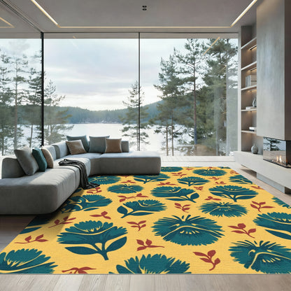 Teal Floral Arrangement Yellow Background Rug