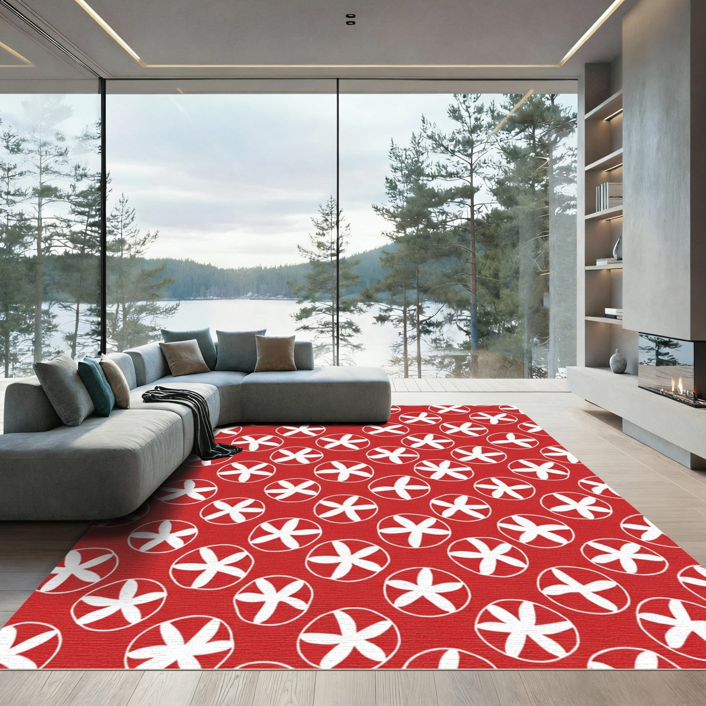 Red White Swirl Starburst Rug