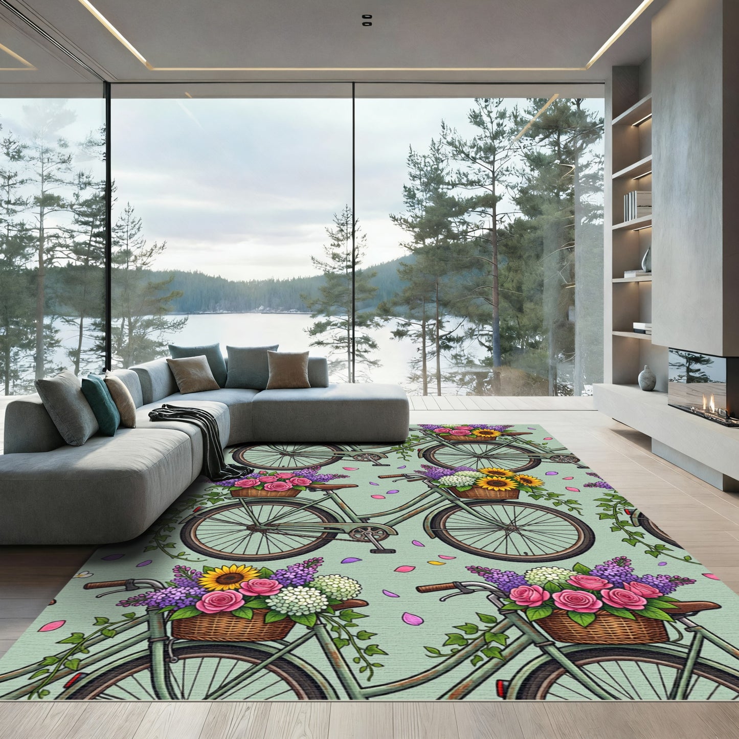 Sage Green Bicycle Meadow Floral Rug