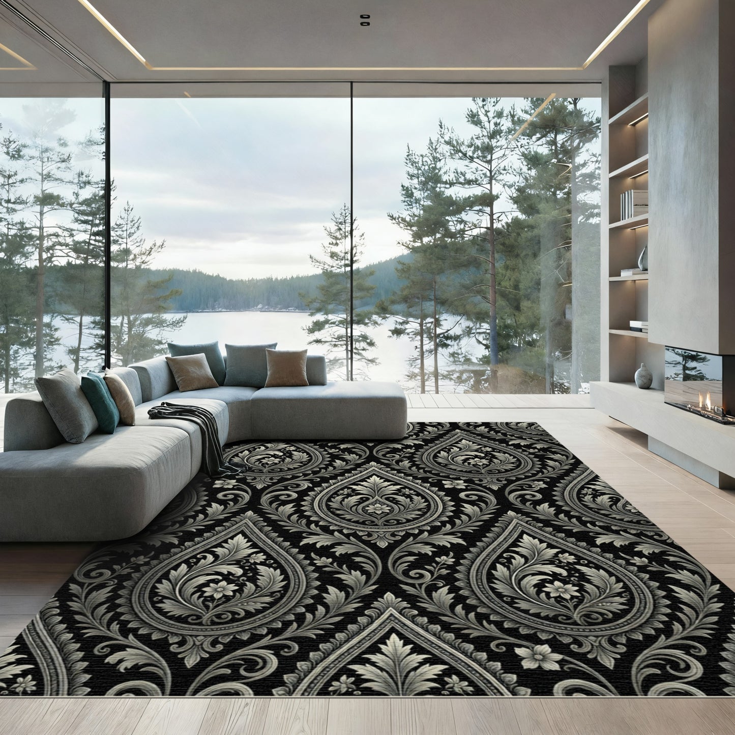 Monochromatic Paisley Floral Brocade Rug
