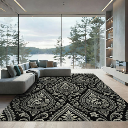 Monochromatic Paisley Floral Brocade Rug