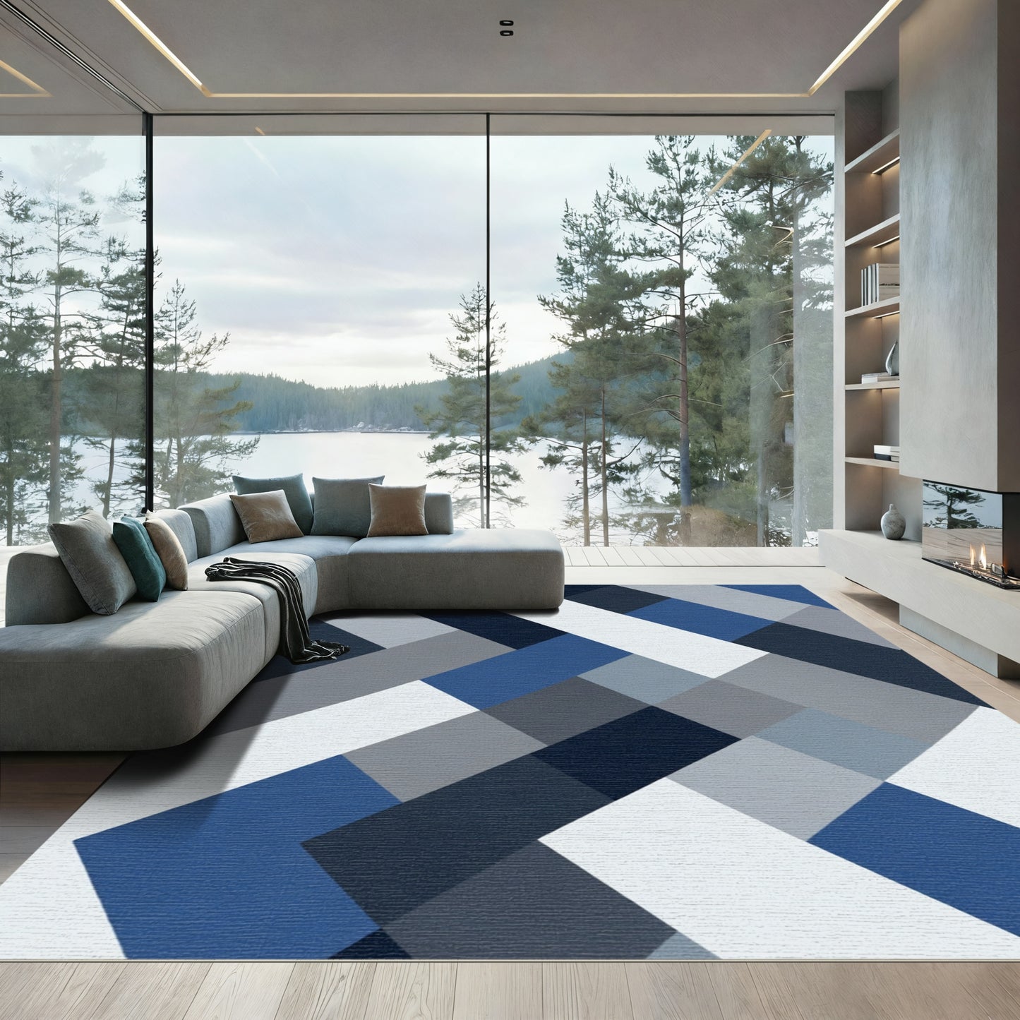Diagonal Geometric Blocks Blue Gray Rug