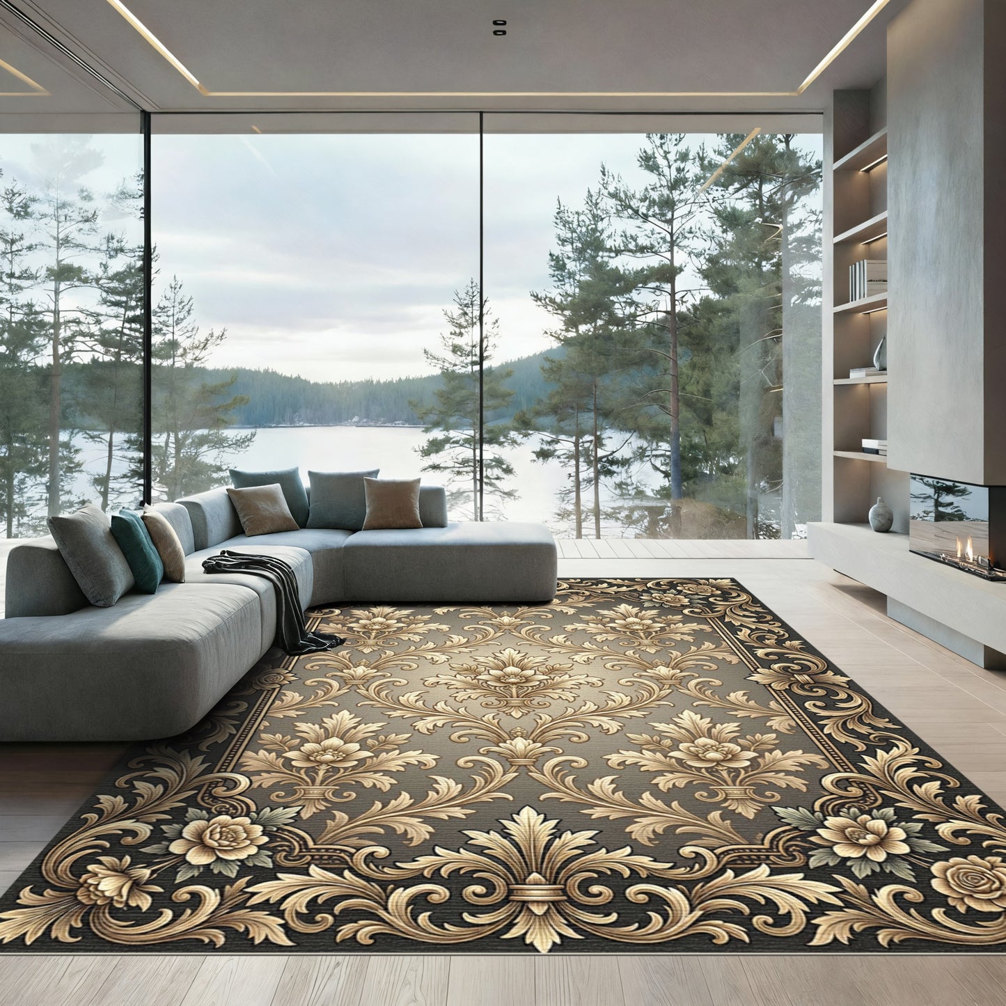 Ornate Gold Floral Damask Border Rug