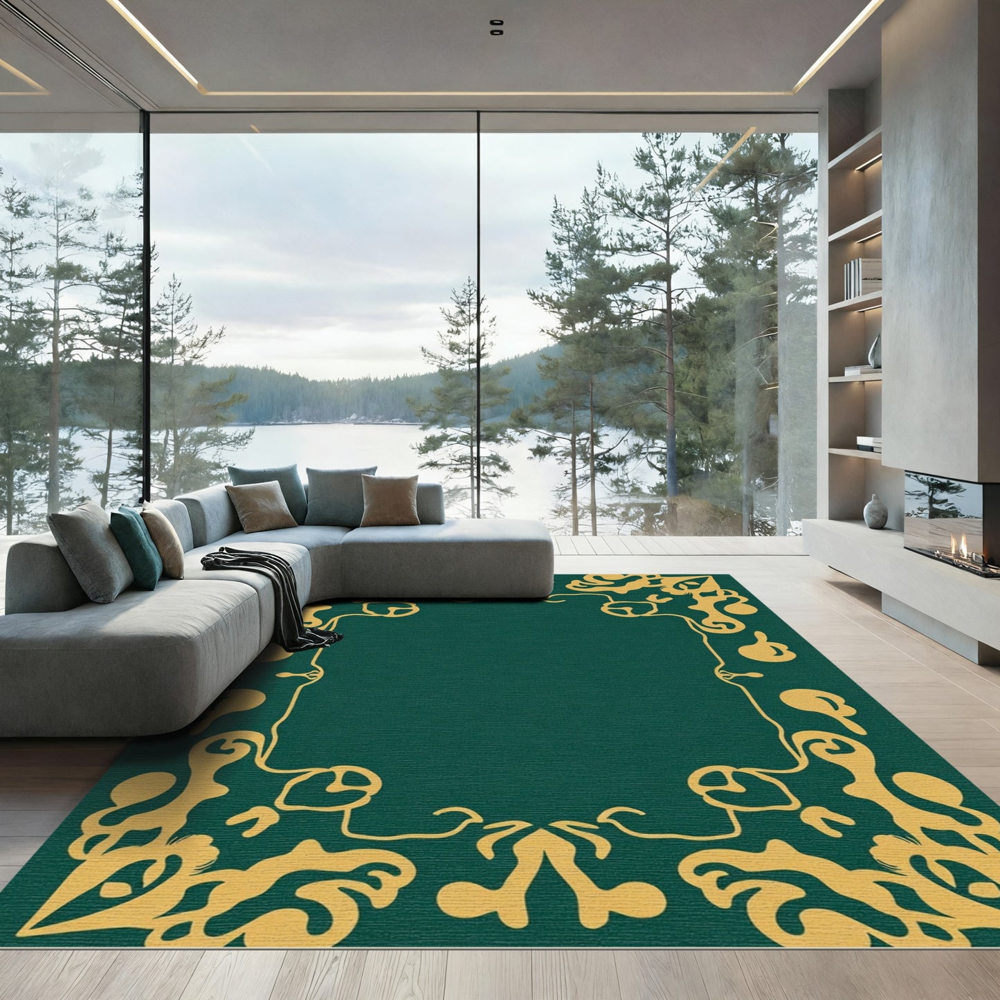 Emerald Gold Organic Scroll Frame Rug
