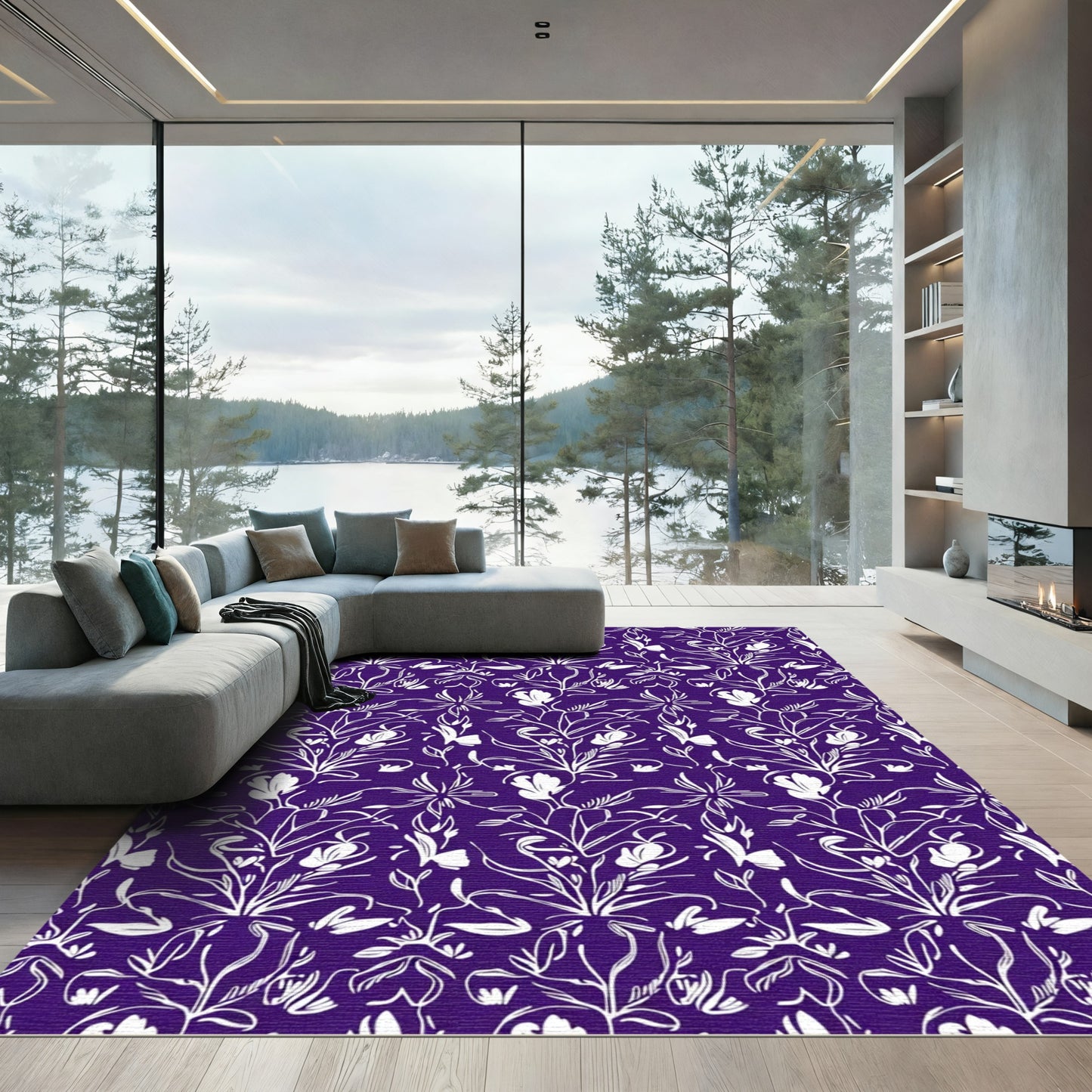 White Floral Vine Damask Rug