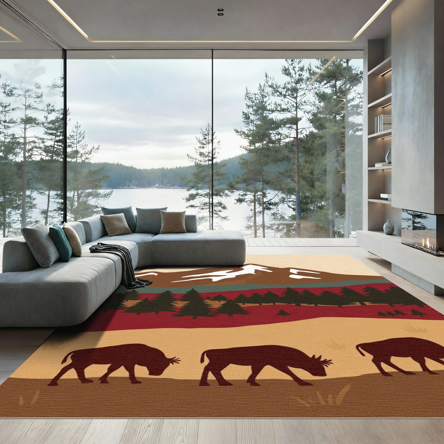 Western Bison Mountain Landscape Rug