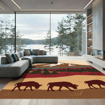 Western Bison Mountain Landscape Rug