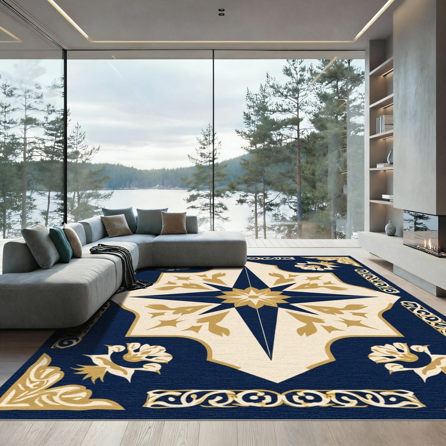 Navy Gold Starburst Medallion Floral Rug