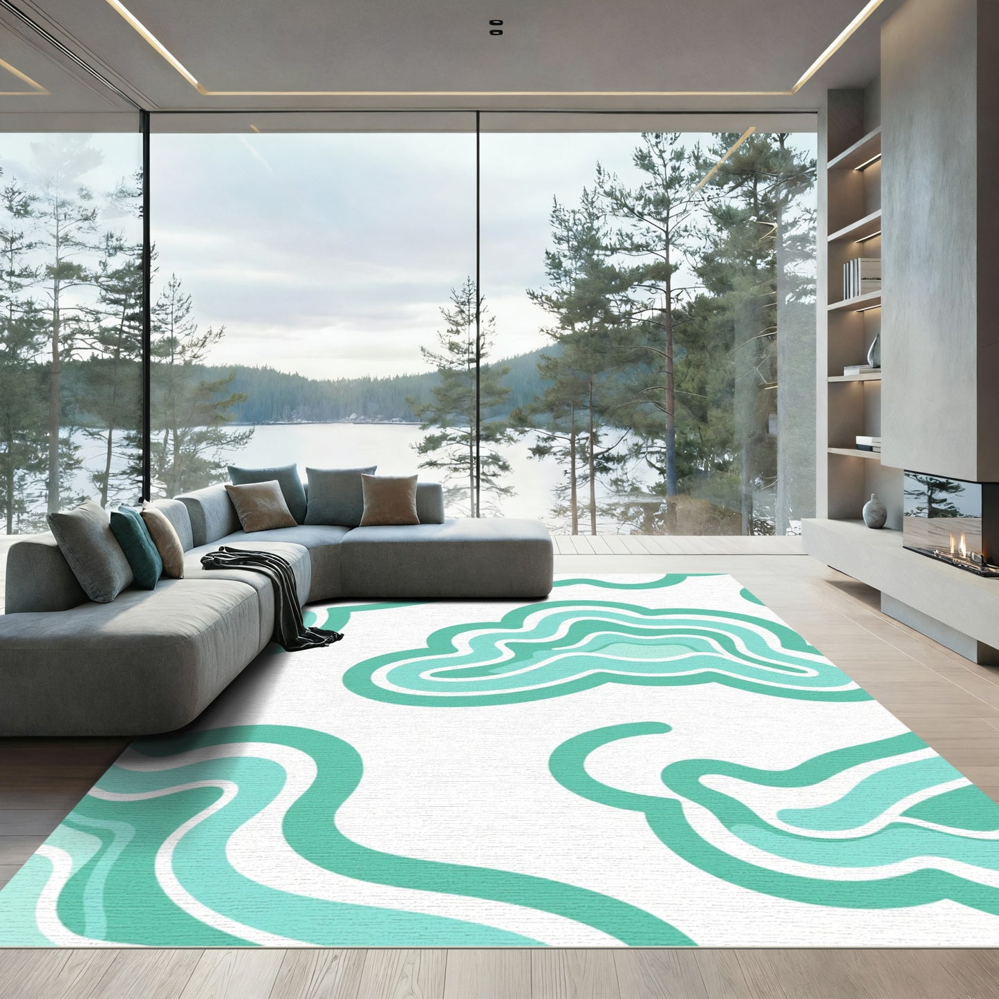Cool Aqua Organic Wave Composition Rug