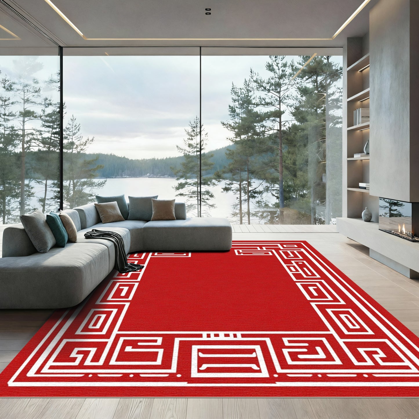 Geometric Red White Border Rug