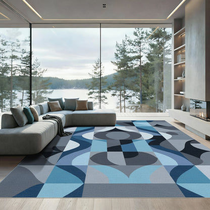 Geometric Blue Scale Abstract Grid Rug