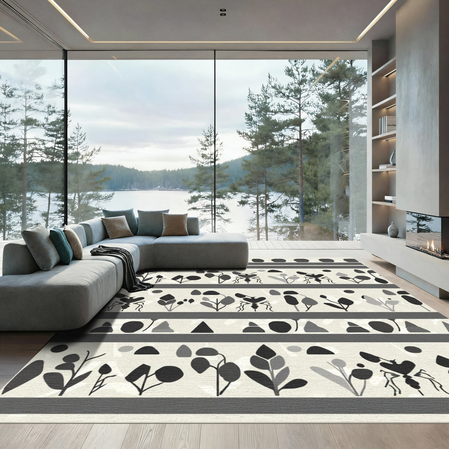 Monochromatic Insect And Botanical Stripe Rug