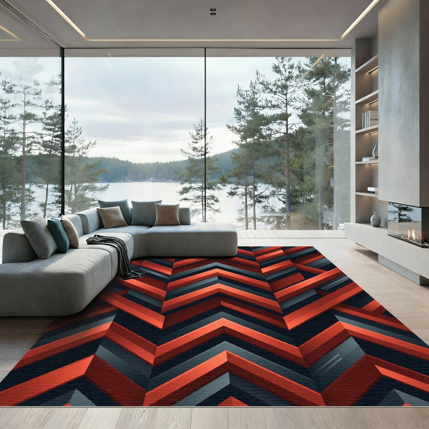 Red Teal Geometric Chevron Rug