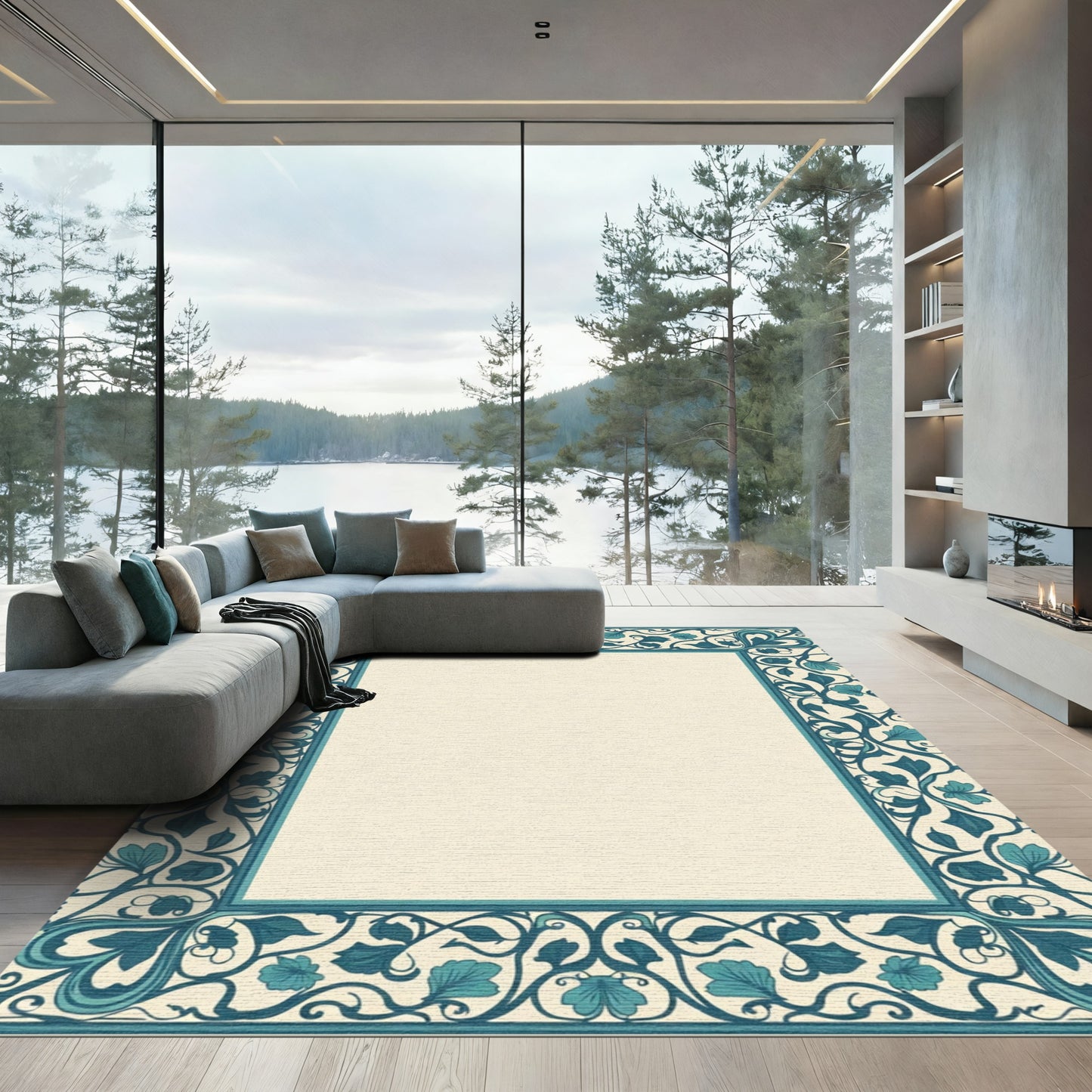 Teal Floral Vine Border Rug
