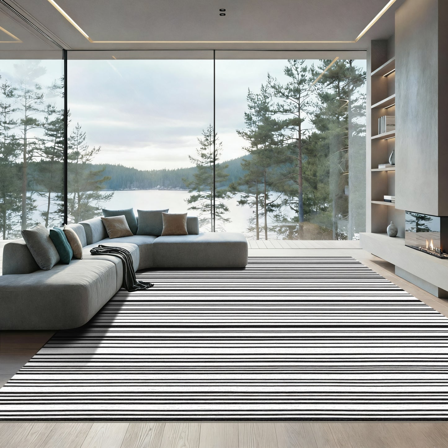 Thin Black White Horizontal Stripe Rug
