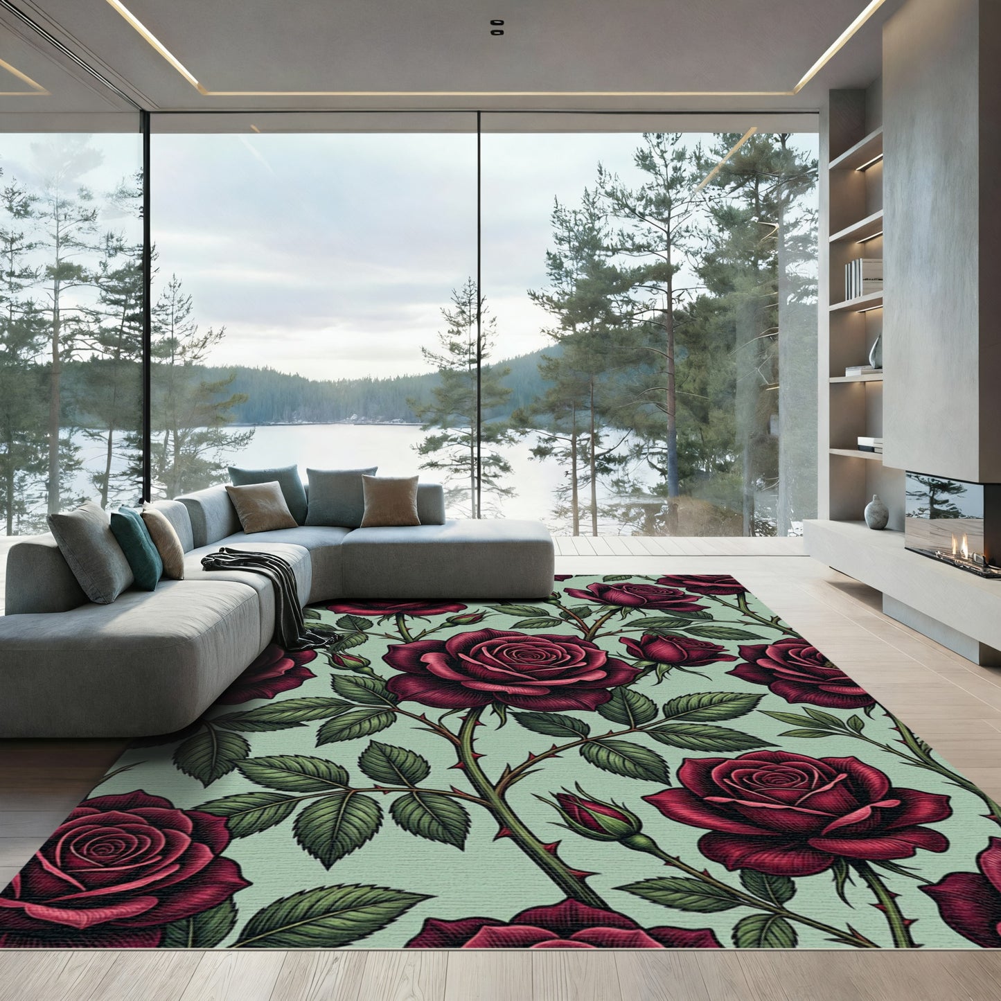Gothic Deep Crimson Rose Botanical Rug