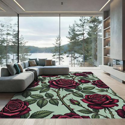 Gothic Deep Crimson Rose Botanical Rug