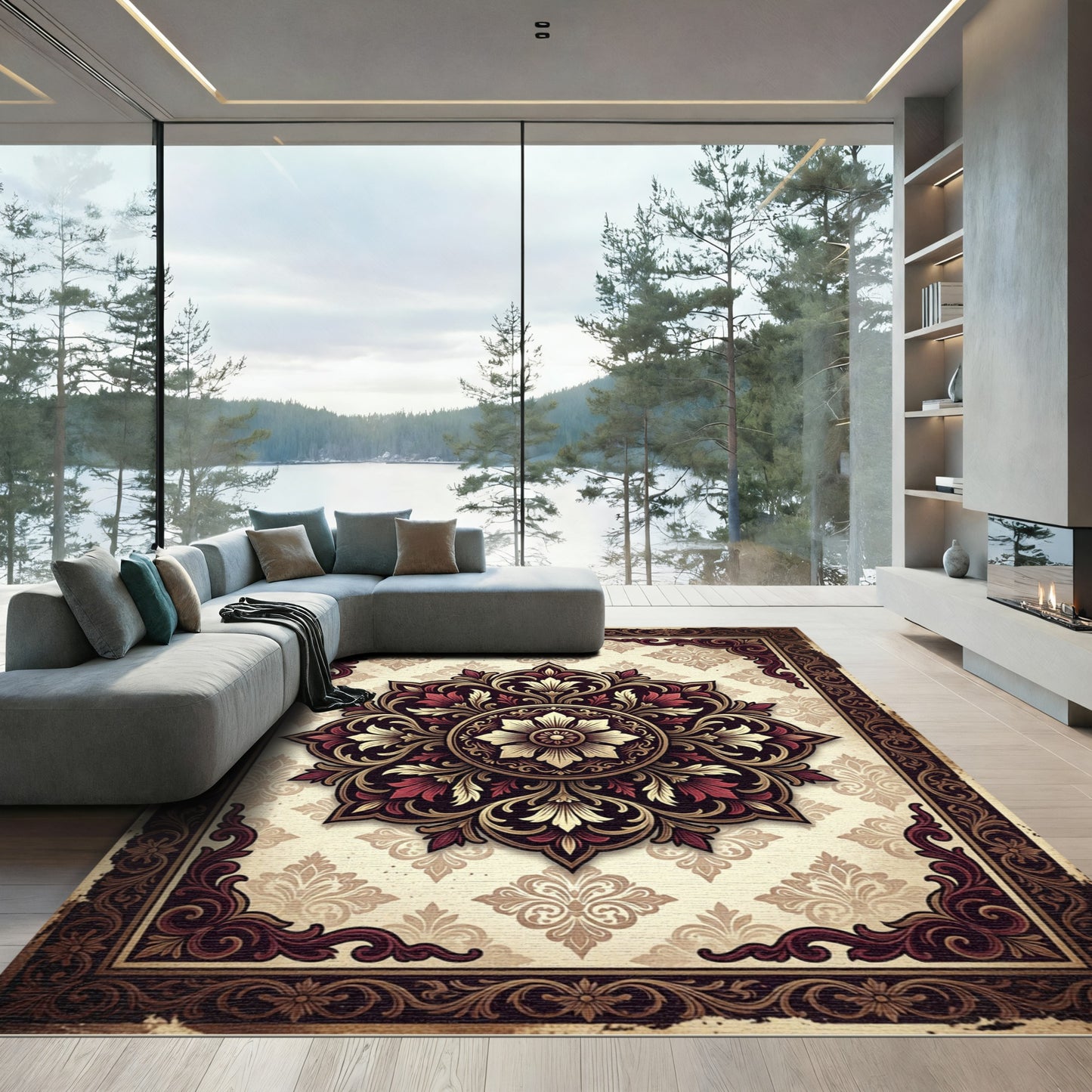 Ornate Burgundy Gold Floral Medallion Rug