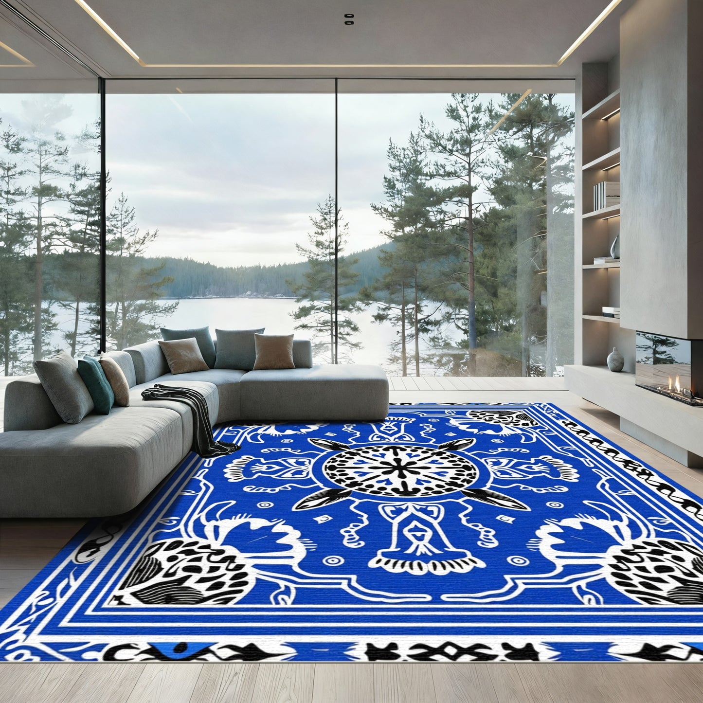 Vibrant Blue Floral Medallion Contrast Rug
