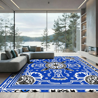 Vibrant Blue Floral Medallion Contrast Rug