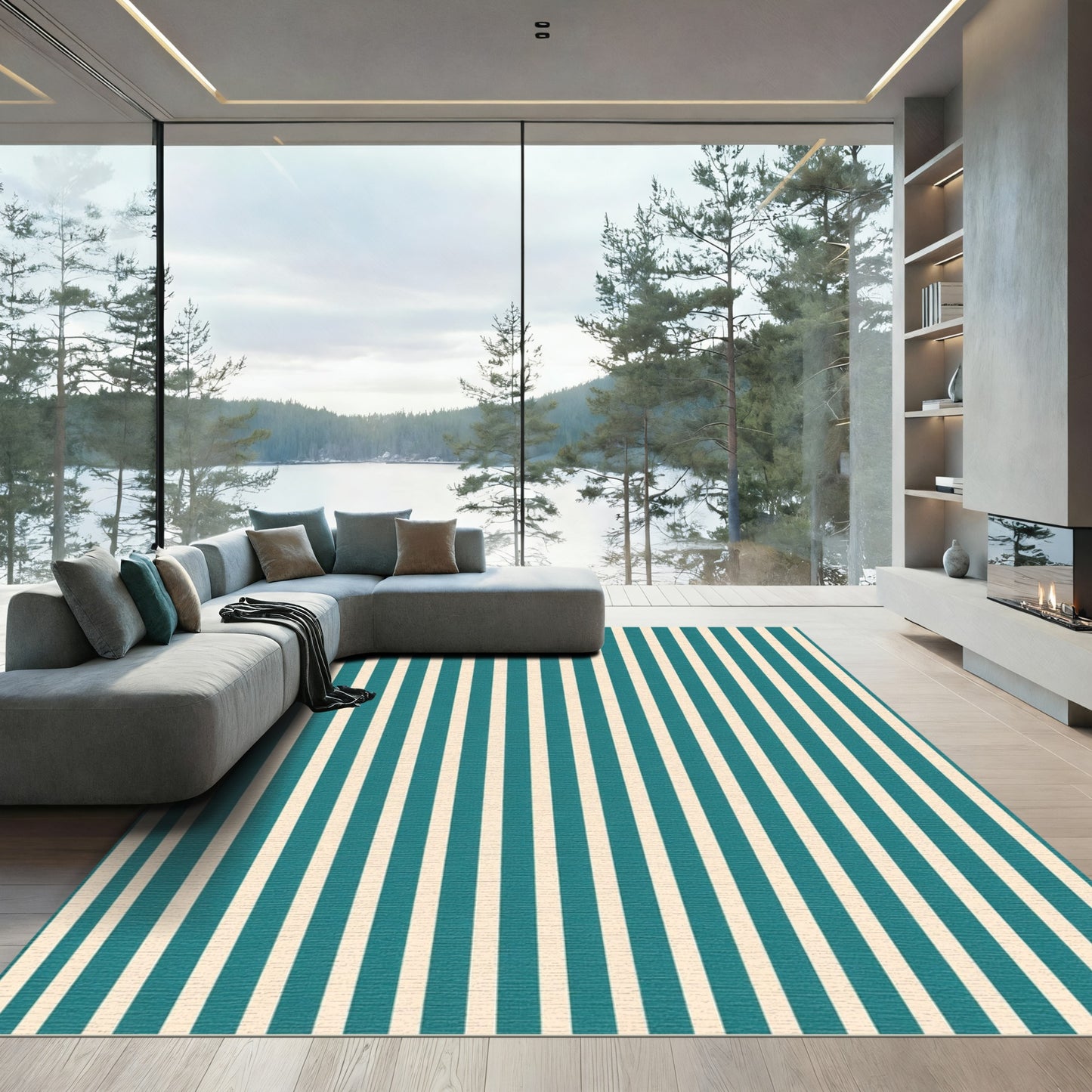 Teal Cream Vertical Stripe Rug