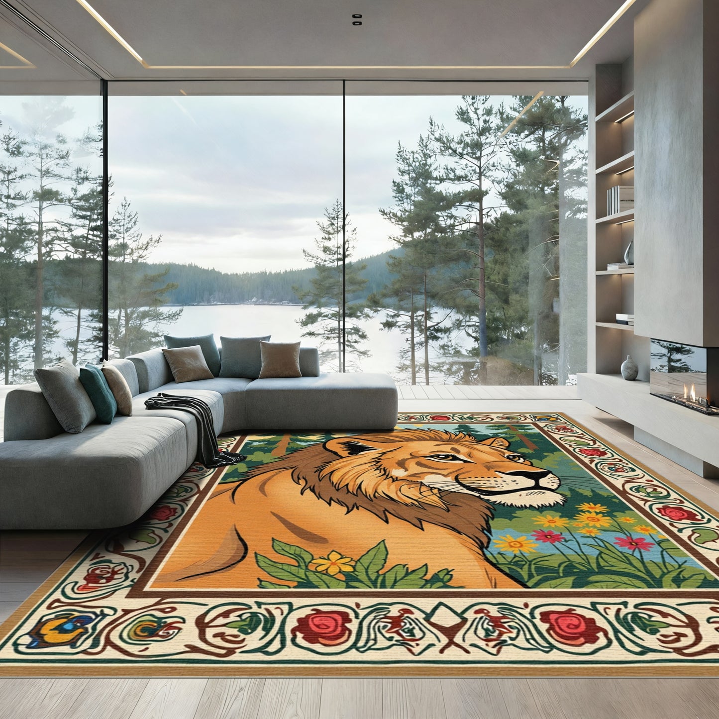 Majestic Lion Forest Floral Border Rug