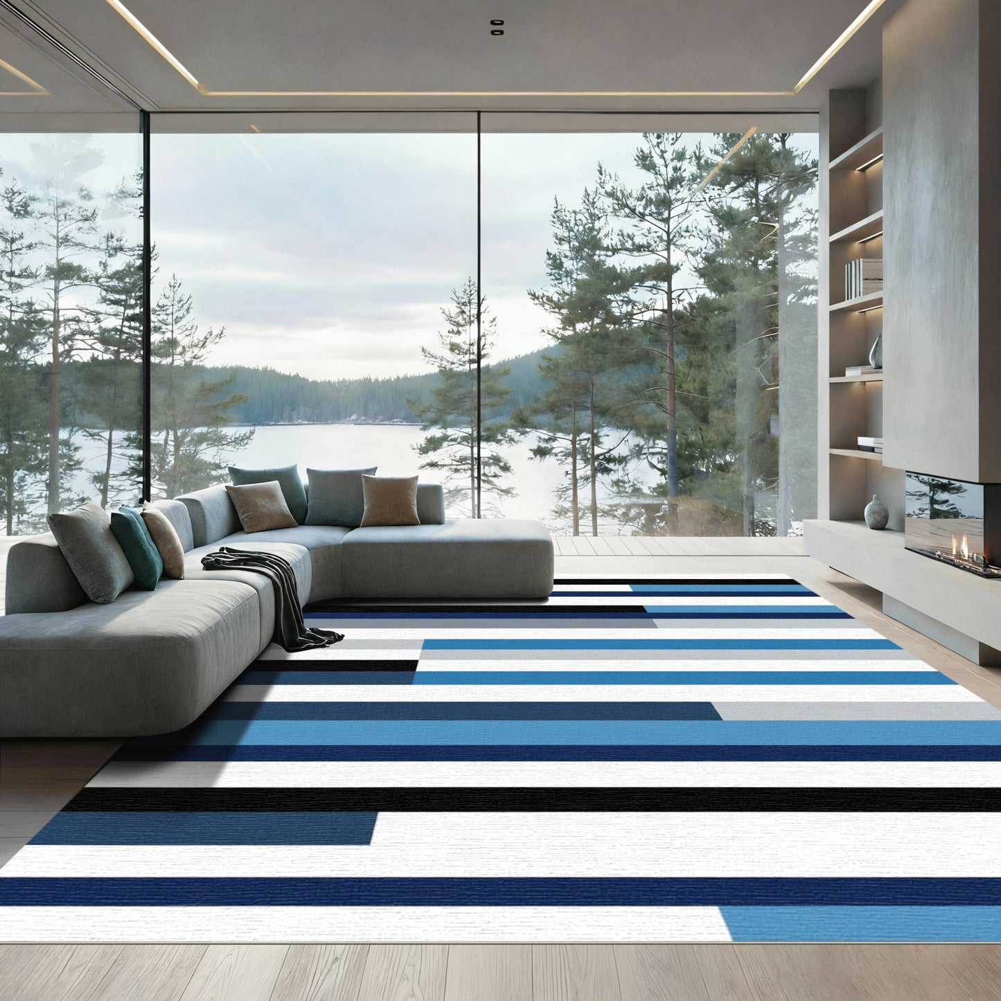 Modern Geometric Blue Stripe Rug
