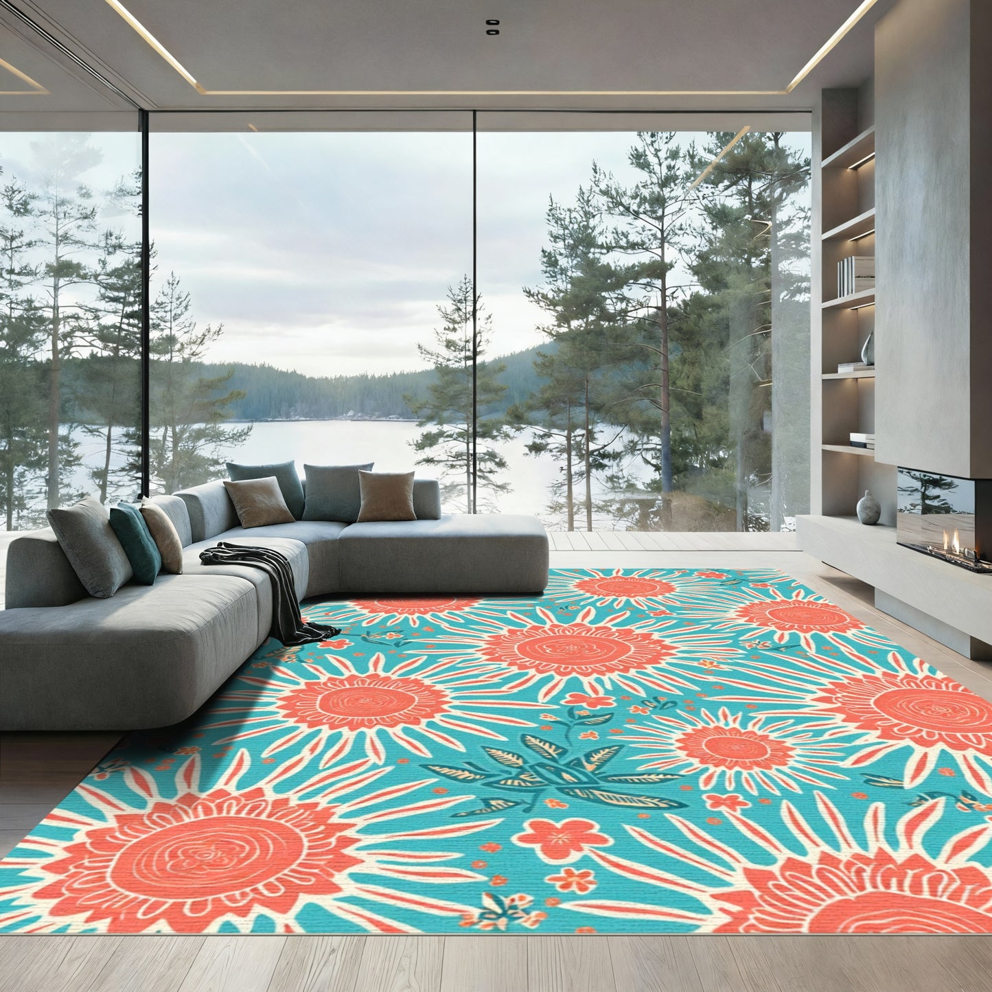 Coral Burst Sunburst Floral Print Rug