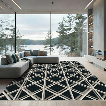 Modern Architectural Diagonal Grid Monochromatic Rug