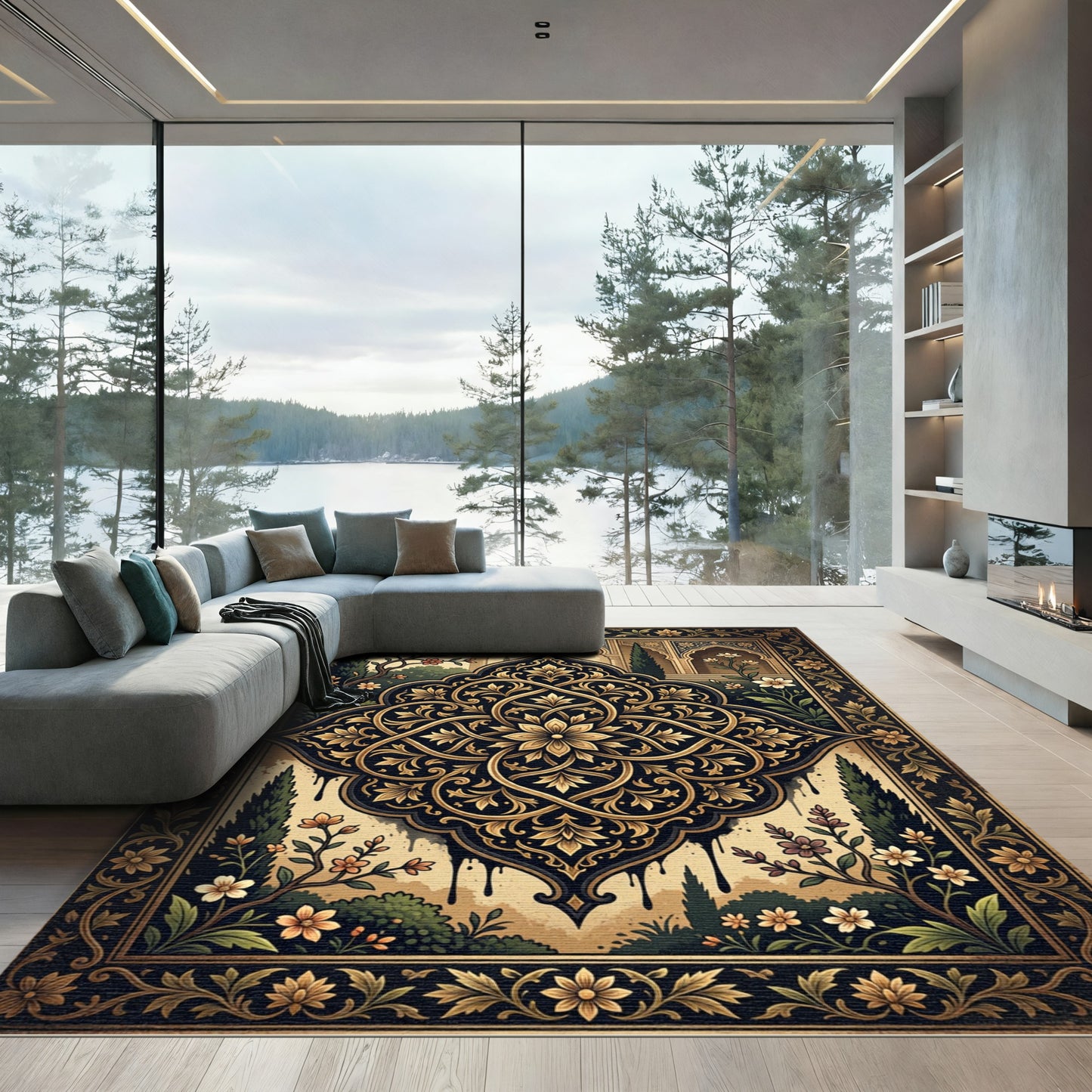 Ornate Black Gold Floral Damask Medallion Rug