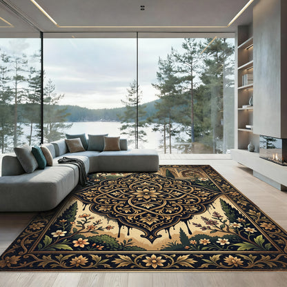 Ornate Black Gold Floral Damask Medallion Rug
