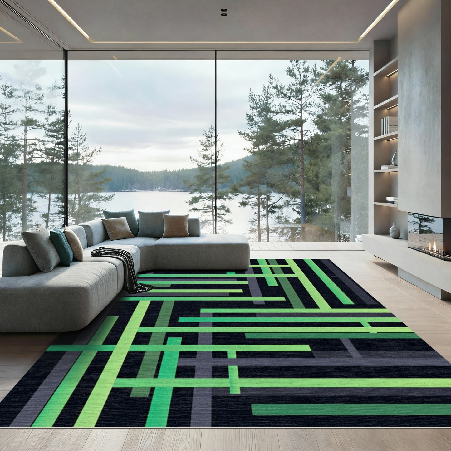 Modern Emerald Linear Grid Geometric Rug