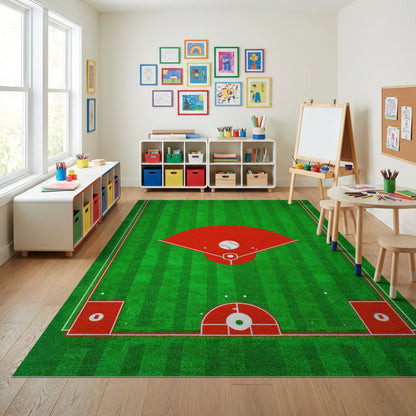 Green Striped Baseball Diamond Field Rug