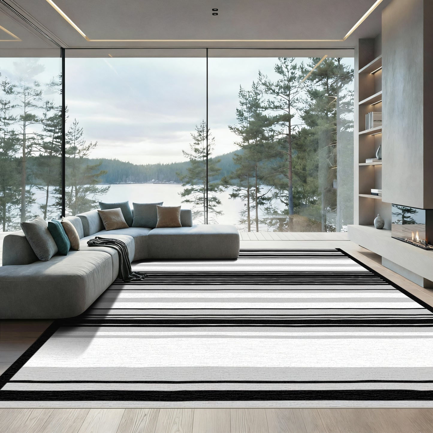 Modern Gray Black Striped Rug