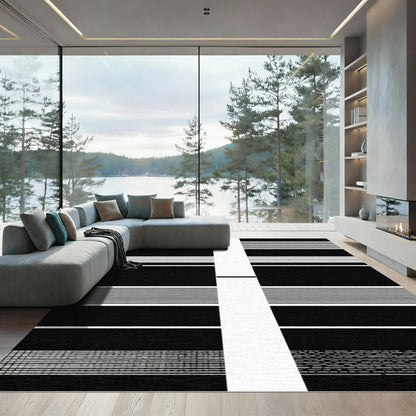 Modern Black White Horizontal Stripe Composition Rug