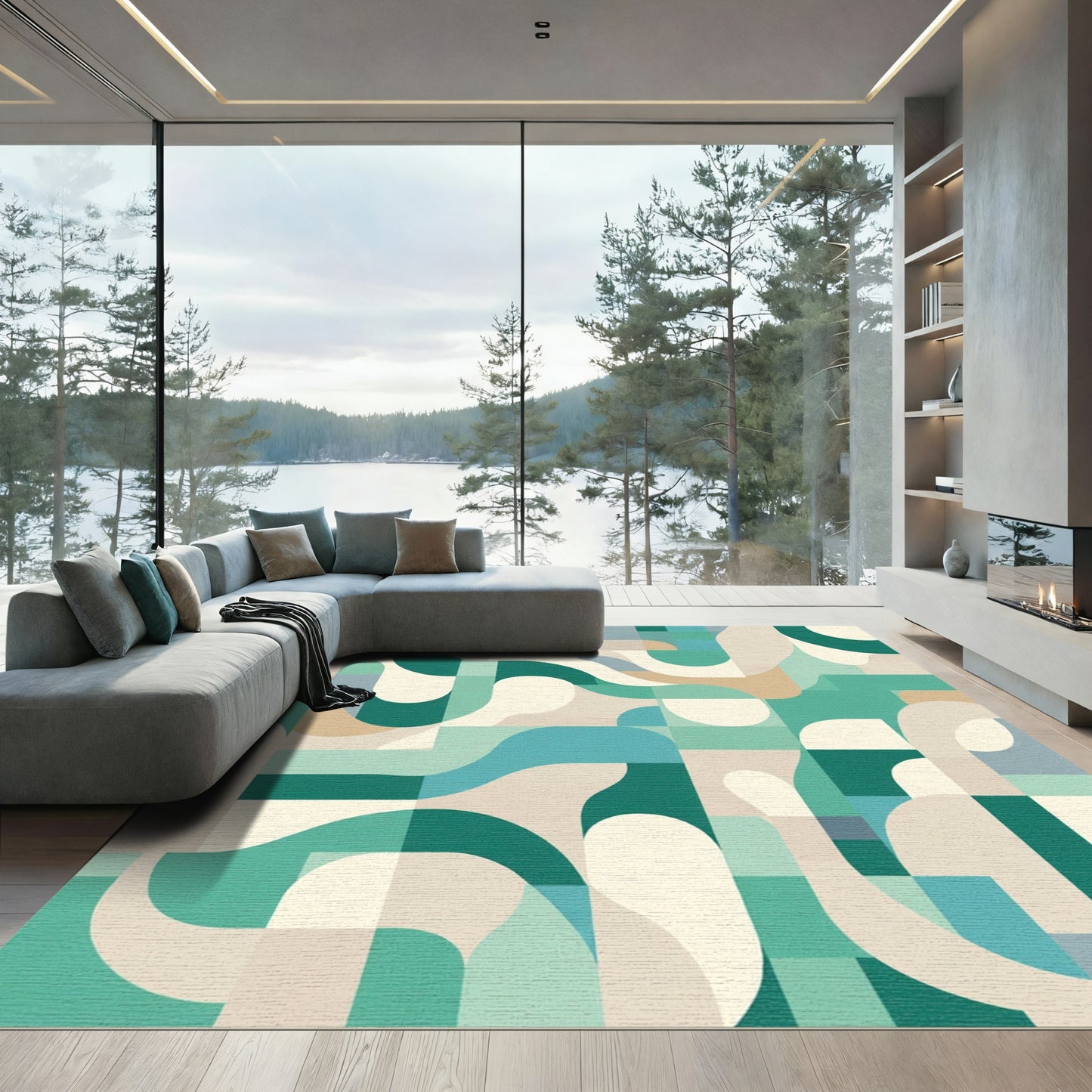Abstract Teal Cream Geometric Flow Rug