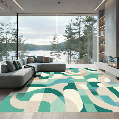 Abstract Teal Cream Geometric Flow Rug