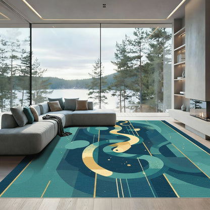Dark Teal Gold Serpent Abstract Rug
