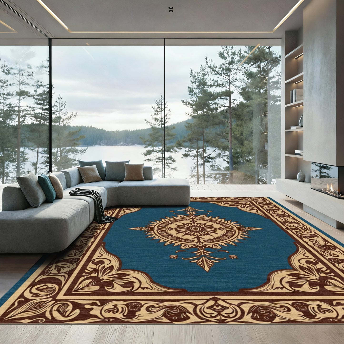 Deep Teal Brown Floral Medallion Rug
