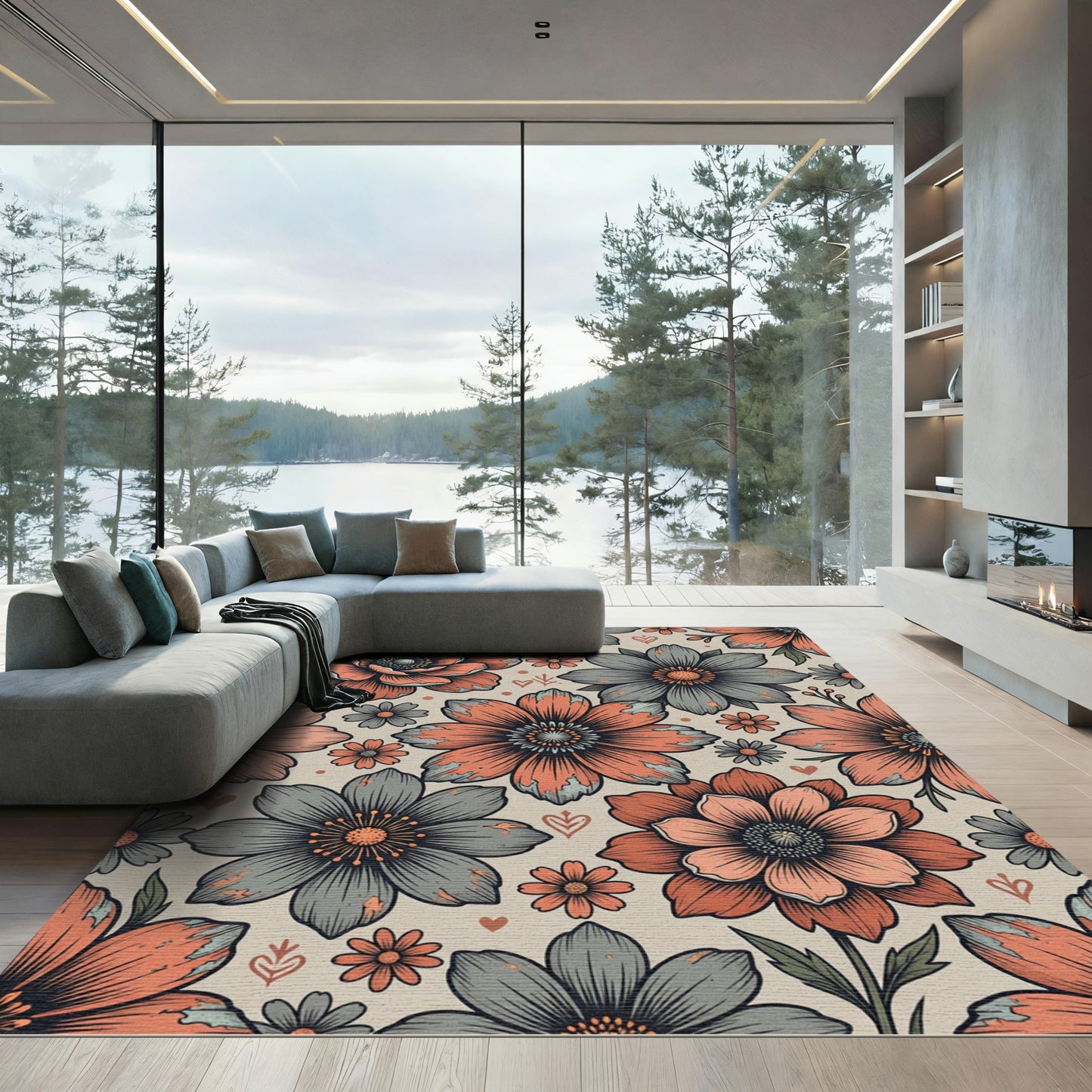 Vintage Terracotta and Gray Floral Bloom Rug